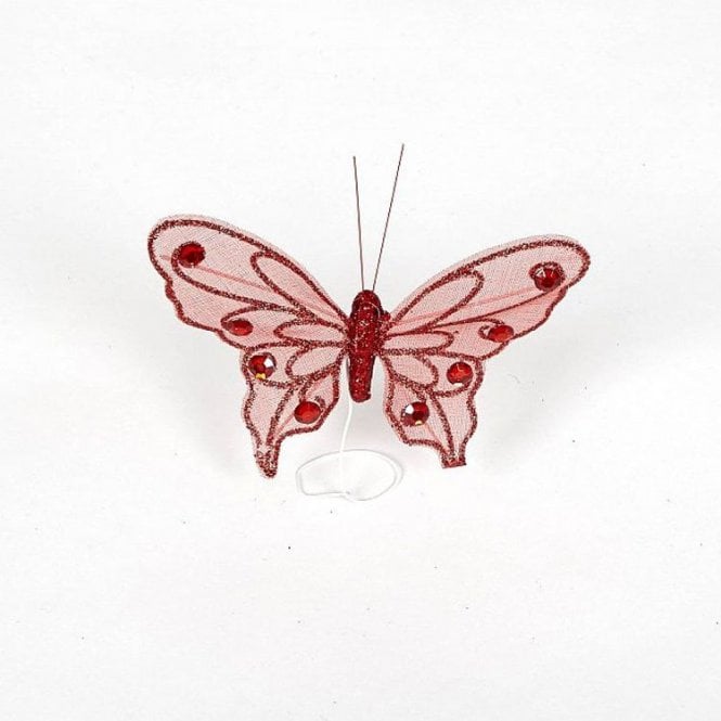 08 Organza Glitter Butterflies Red - Pack of 12