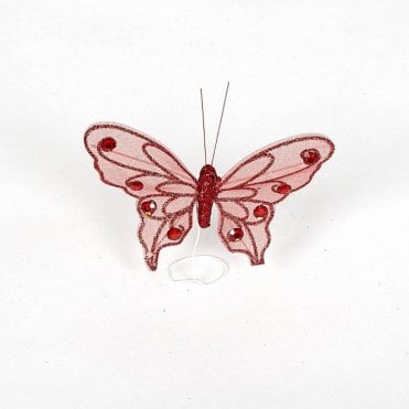 08 Organza Glitter Butterflies Red - Pack of 12