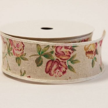 Burlap Rose Print Ribbon 6cm X 10Yard