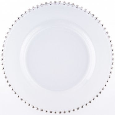 CHAIRCOVER DEPOT Clear Glass Charger Plate With Silver Beads