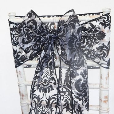 Damask Flock Organza Sash White/Black