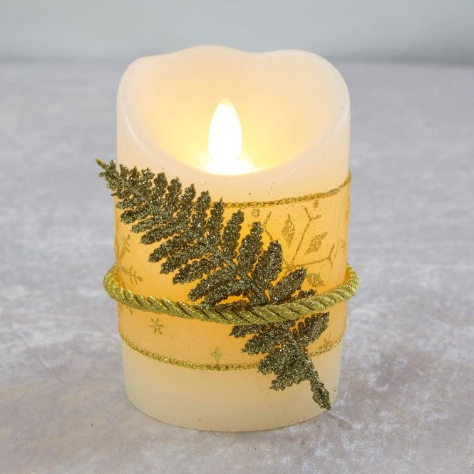 Decorated LED Wax Candle Xmas with Organza Ribbon and Gold Leaf