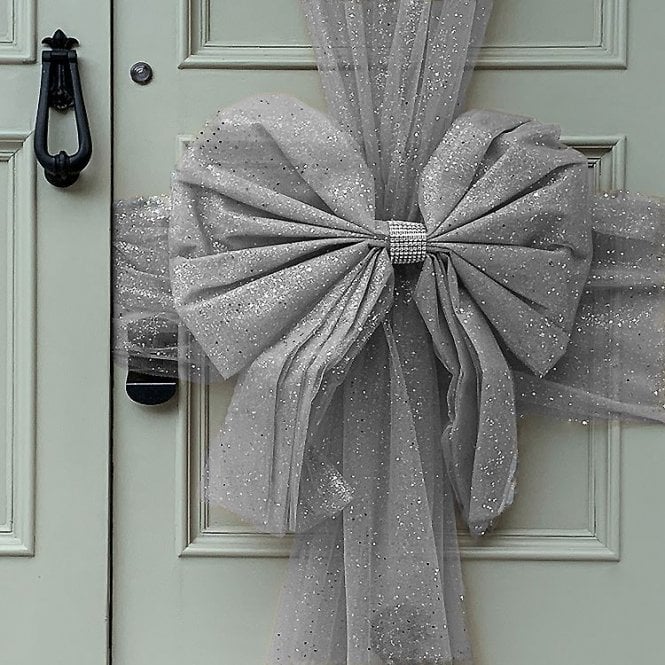 Decor Essentials Door Bow Tulle Silver Glitter