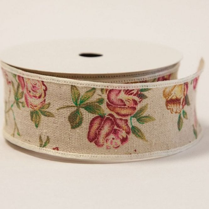 Burlap Rose Print Ribbon 3.8cm X 10Yard