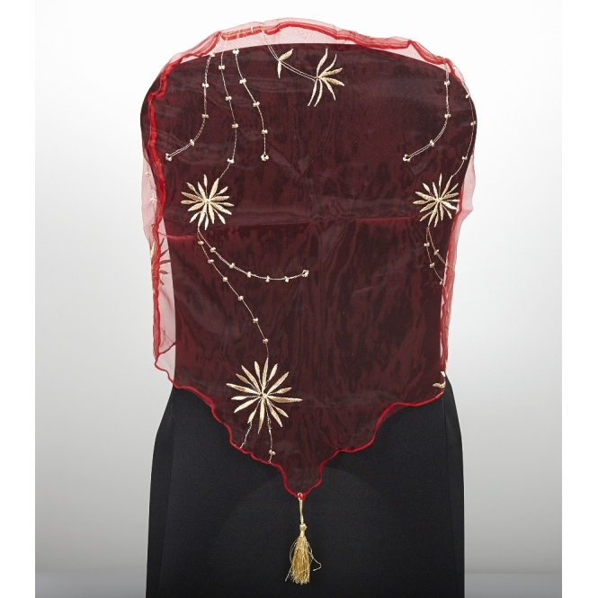 Embroidered Chair Cap with Tassel Red/Gold