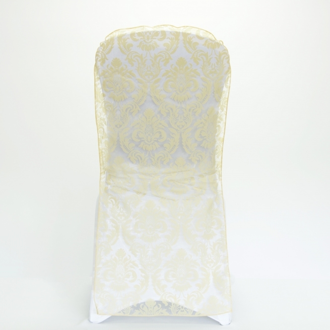 Flock Damask Full Length Banquet Cap White/Gold - Pack of 100