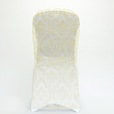 Flock Damask Full Length Banquet Cap White/Gold - Pack of 100