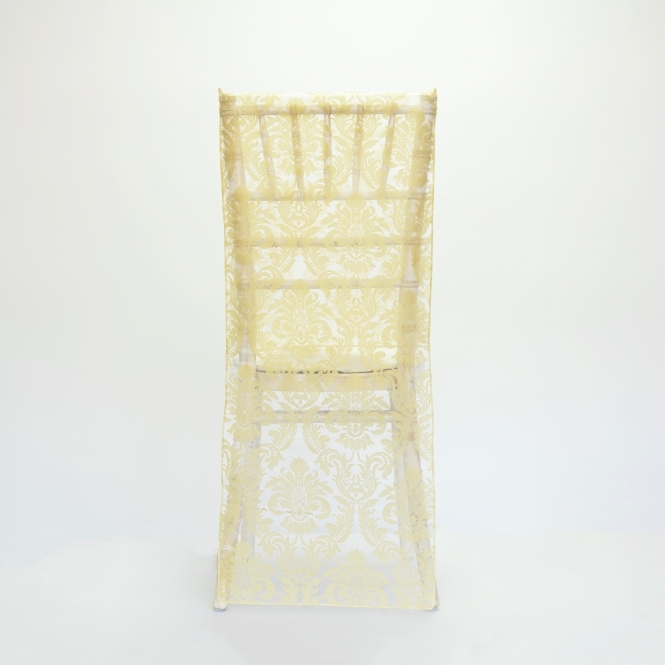 Flock Damask Small Full Length Banquet Cap White/Gold - Pack of 100