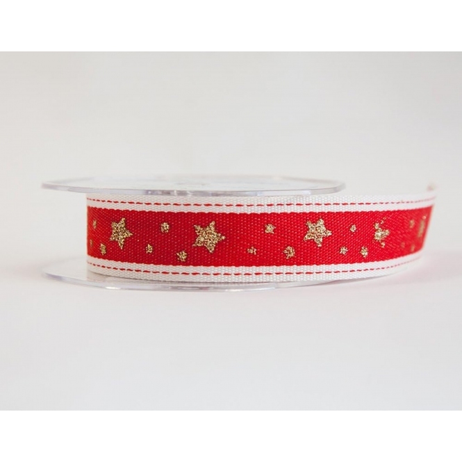 Line Stitch Gold Glitter Stars Red 25mm x 5m