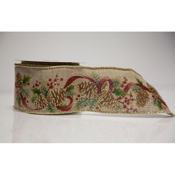 Natural Burlap Xmas Cone Ribbon 63mmx10yd