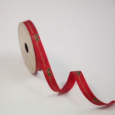 Red Gg Ribbon With Holly/Merry Xmas