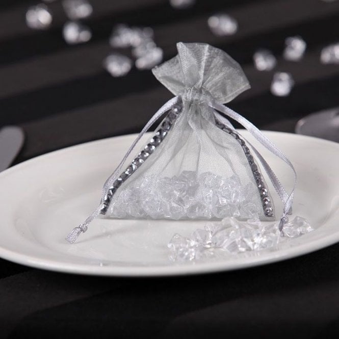 Sheer Organza Favour Bag With Diamante Ribbon Silver Pack of 100