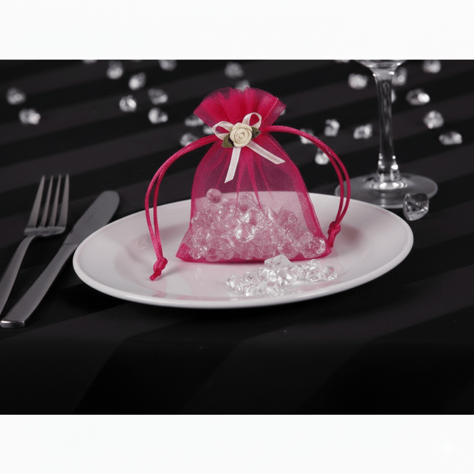 Sheer Organza favour Bags With Rose Bud Hot Pink Pack of 10