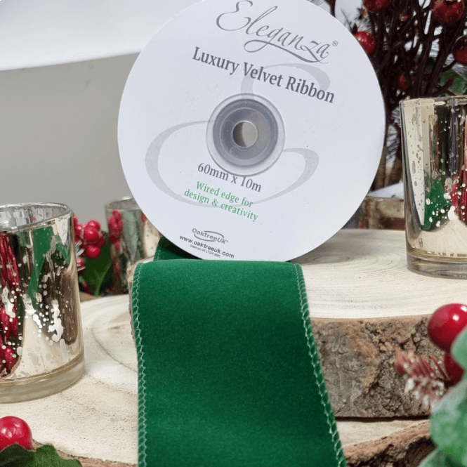 Velvet Ribbon With Wired Edge Green 60mm X 10M