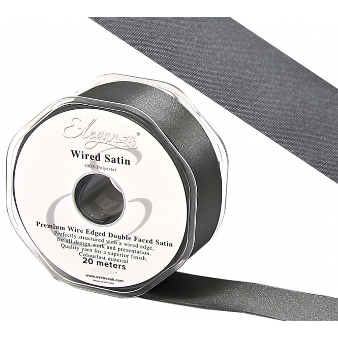 Wired Edge Satin Ribbon 38mm x 20m Graphite