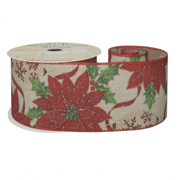 Xmas Red Poinsettia and Bauble Ribbon 63mm x 10 yd