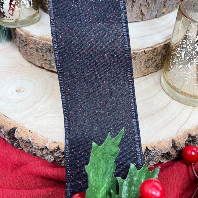 Xmas Ribbon Black With Red Sparkle