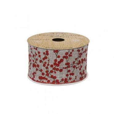 CHAIRCOVER DEPOT Xmas Ribbon Grey With Red Glitter Berries