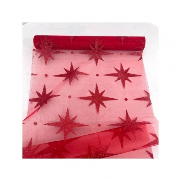 Xmas Roll Organza Red Glitter Star