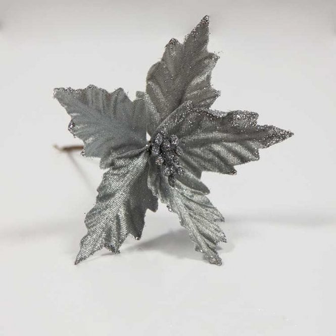 Xmas Velvet Poinsettia Spray Silver Pack Of 6