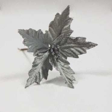 Xmas Velvet Poinsettia Spray Silver Pack Of 6